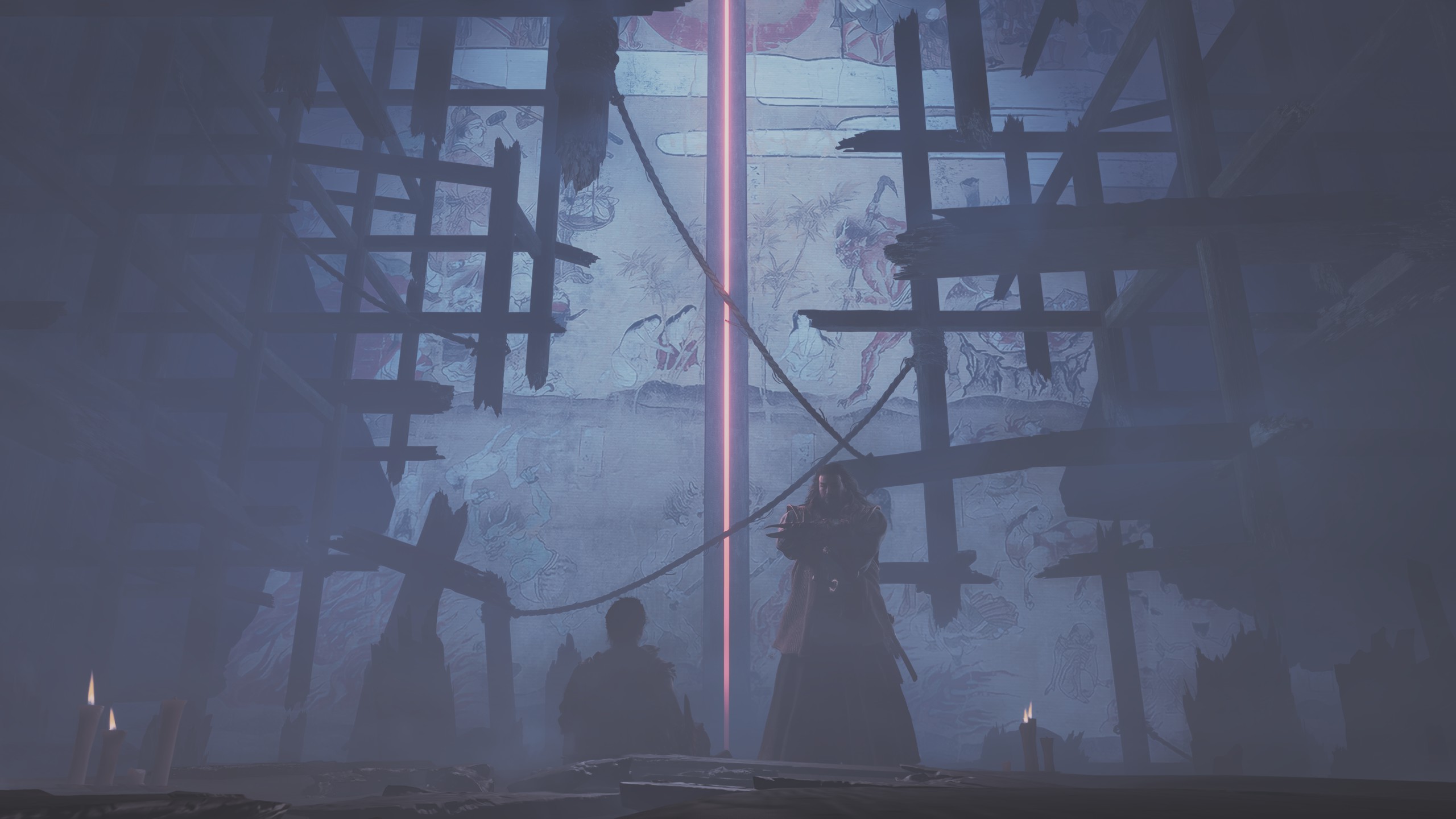 붉은 빛이 새어 나오는 귀문 앞에 선 오노노 타카무라와 미야모토 무사시