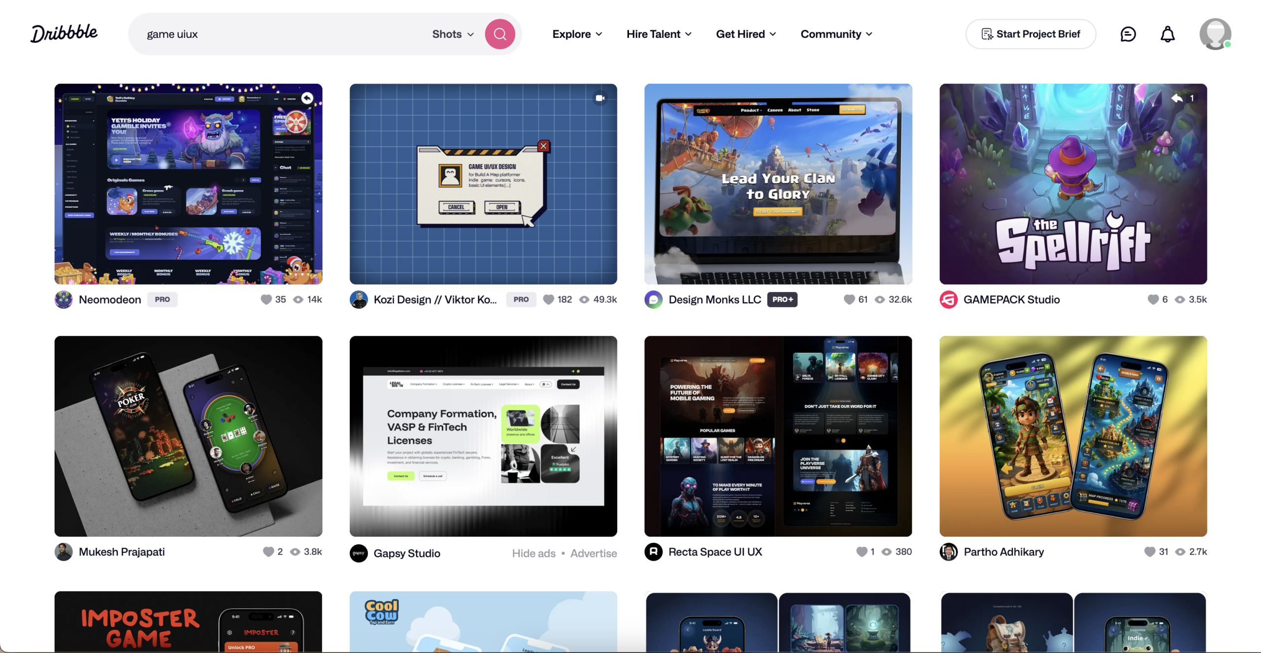 Dribbble에서 게임 UI/UX 레퍼런스를 검색한 화면